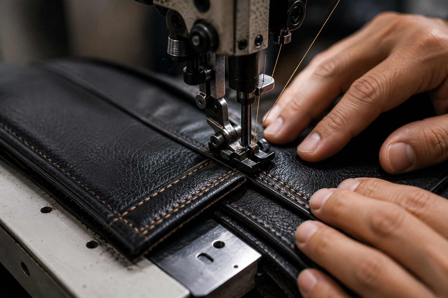 Operator stitching multilayer leather on sewing machine.