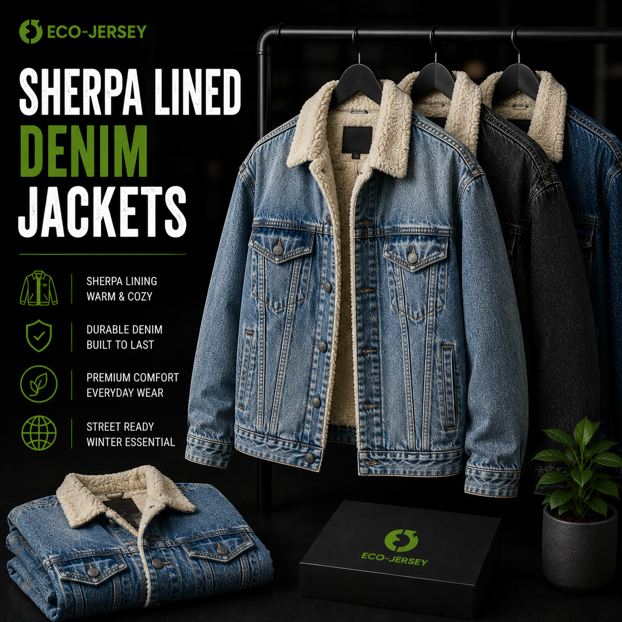 Custom sherpa lined denim jackets with warm fleece interior for cold weather, manufactured by Eco Jersey Limited