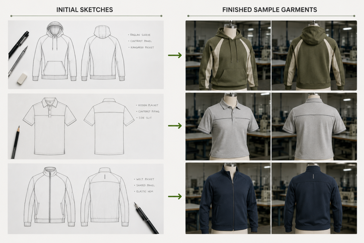 Side-by-side comparison of initial hoodie sketches and finished sample garments in garment development