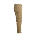 Side view of navy industrial workwear pants showing straight-leg fit and side pocket.