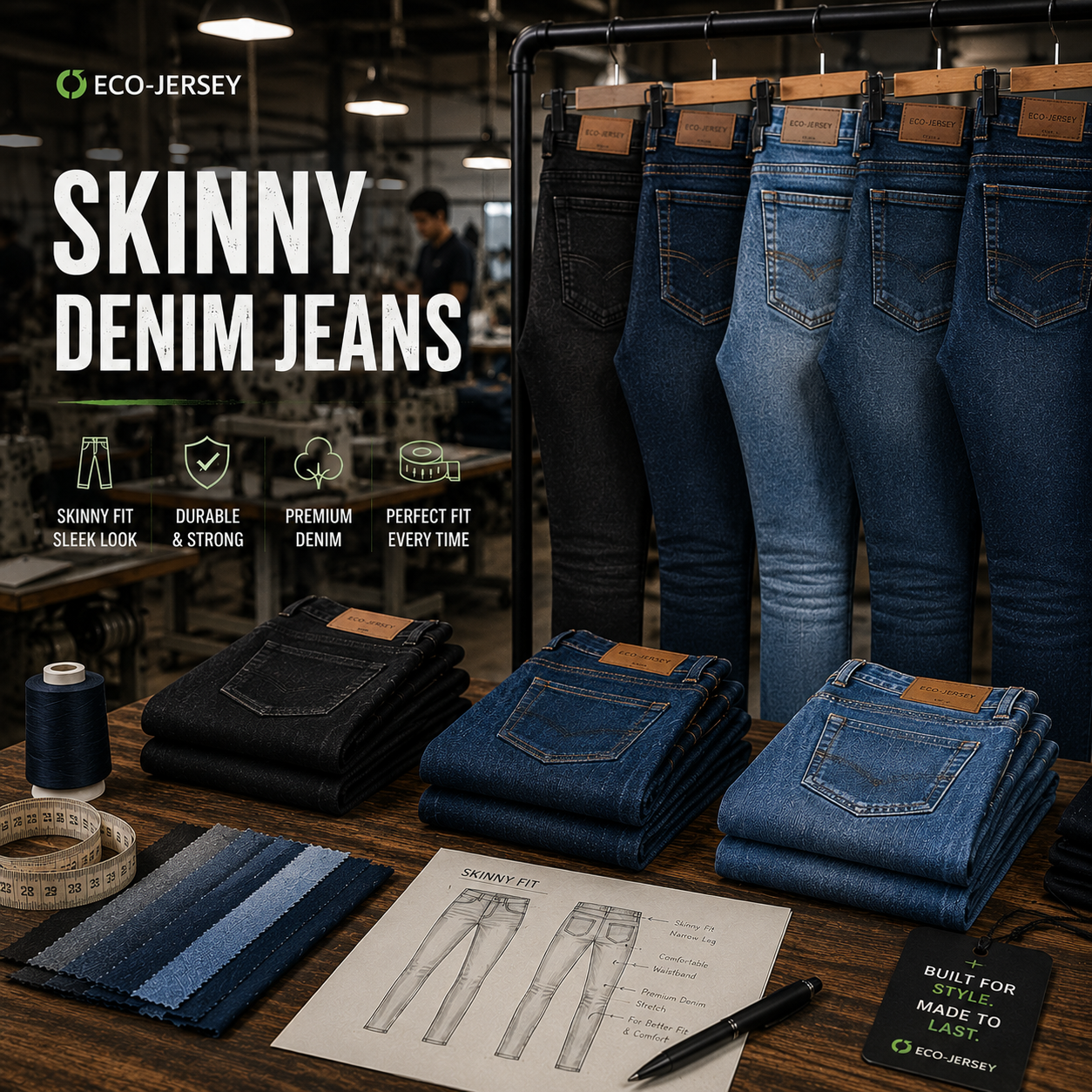 Custom skinny denim jeans with slim-fit silhouette for modern trendy wear, manufactured by Eco Jersey Limited