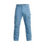 Sky blue industrial workwear pants with straight-leg design and multiple pockets.