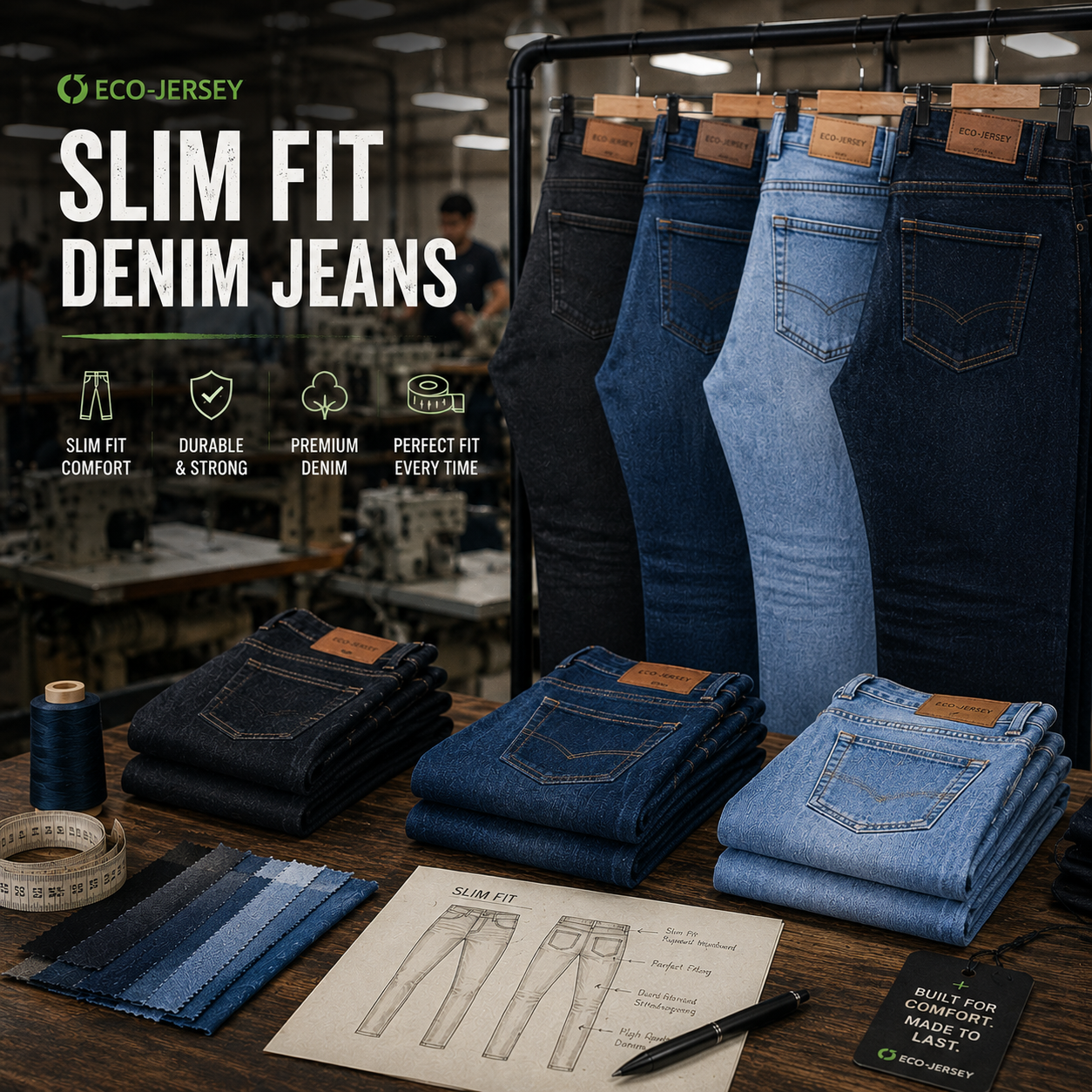 Custom slim fit denim jeans with tailored cut and modern silhouette, manufactured by Eco Jersey Limited
