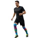 Model wearing soccer compression sleeves, showing a snug, supportive fit around the lower legs.