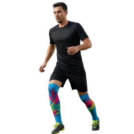 Model wearing soccer compression sleeves, showing a snug, supportive fit around the lower legs.