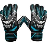 Bright cyan soccer goalkeeper gloves with textured grip palms and adjustable wrist straps.
