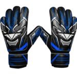Deep neon blue soccer goalkeeper gloves with textured grip palms and adjustable wrist straps.