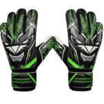 Back view of soccer goalkeeper gloves showing the hand backing, finger protection, and wrist strap design.