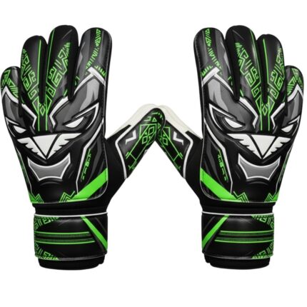 Back view of soccer goalkeeper gloves showing the hand backing, finger protection, and wrist strap design.