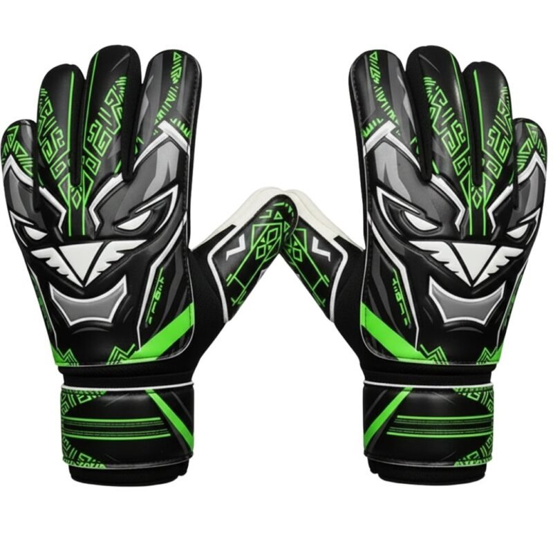 Back view of soccer goalkeeper gloves showing the hand backing, finger protection, and wrist strap design.