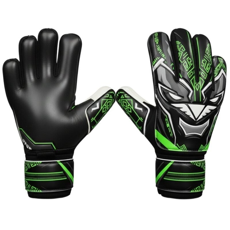 Front view of soccer goalkeeper gloves showing the textured grip palms and finger cut design.