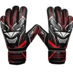 Red soccer goalkeeper gloves with textured grip palms and adjustable wrist straps.