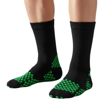 Front view of a model wearing custom soccer grip socks, highlighting the anti-slip grip pattern on the sole.