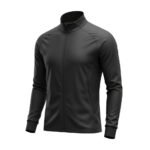 Dark gray soccer jacket laid flat, featuring a full front zipper, stand collar, and lightweight solid-color design with a small logo icon.