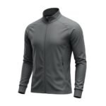 Full front view of a lightweight soccer jacket laid flat, featuring a full-length zipper, stand collar, and streamlined athletic fit with a small logo icon on the chest.