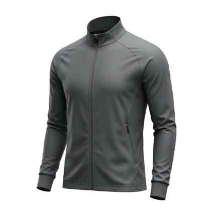 Full front view of a lightweight soccer jacket laid flat, featuring a full-length zipper, stand collar, and streamlined athletic fit with a small logo icon on the chest.