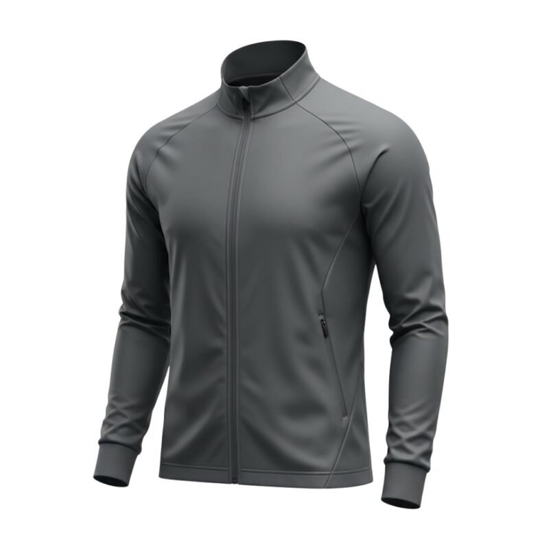 Full front view of a lightweight soccer jacket laid flat, featuring a full-length zipper, stand collar, and streamlined athletic fit with a small logo icon on the chest.