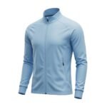 Gray and azure soccer jacket laid flat, featuring a full front zipper, stand collar, and lightweight color-blocked design with a small logo icon.