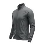 Side view of a lightweight soccer jacket laid flat, showing the stand collar, long sleeve, and streamlined athletic fit with a small logo icon.