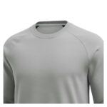 Close-up view of a soccer player sweatshirt showing the soft knit fabric, ribbed neckline, and bold front logo icon detail.