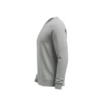 Side view of a soccer player sweatshirt laid flat, showing the long sleeve, relaxed pullover shape, and bold front logo icon.