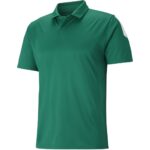 Full front view of a soccer polo tee shirt laid flat, featuring a classic collar with short button placket, short sleeves, and a bold chest logo icon.