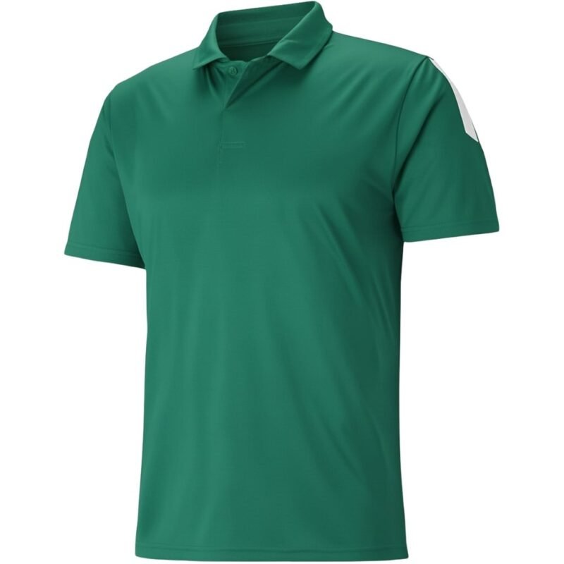 Full front view of a soccer polo tee shirt laid flat, featuring a classic collar with short button placket, short sleeves, and a bold chest logo icon.