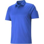 Full front view of a soccer polo tee shirt laid flat, featuring a classic collar with short button placket, short sleeves, and a bold chest logo icon.