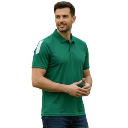 Model wearing a soccer polo tee shirt, standing to show the athletic fit, classic collar with button placket, short sleeves, and bold chest logo icon.