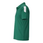 Side view of a soccer polo tee shirt laid flat, showing the short sleeve shape, straight side seam, and clean hem for a streamlined athletic fit.