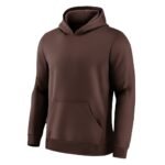 Dark taupe soccer pullover hoodie laid flat, featuring an attached hood, front kangaroo pocket, and clean solid-color athletic design.
