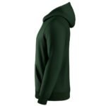 Side view of a soccer pullover hoodie laid flat, showing the drape of the hood, sleeve shape, and relaxed athletic fit with logo icon detail.