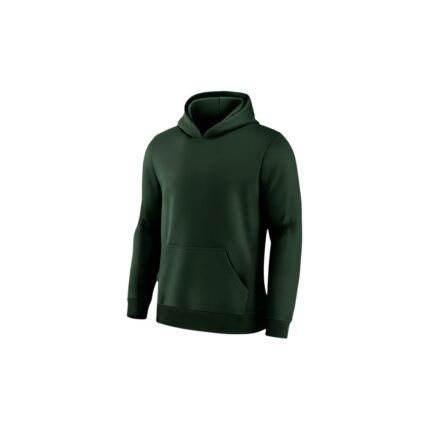 Full front view of a soccer pullover hoodie laid flat, featuring an attached hood, front kangaroo pocket, and small logo icon on the chest.