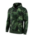Custom soccer pullover hoodie laid flat, featuring an attached hood, front pouch pocket, and allover sublimated athletic graphics.