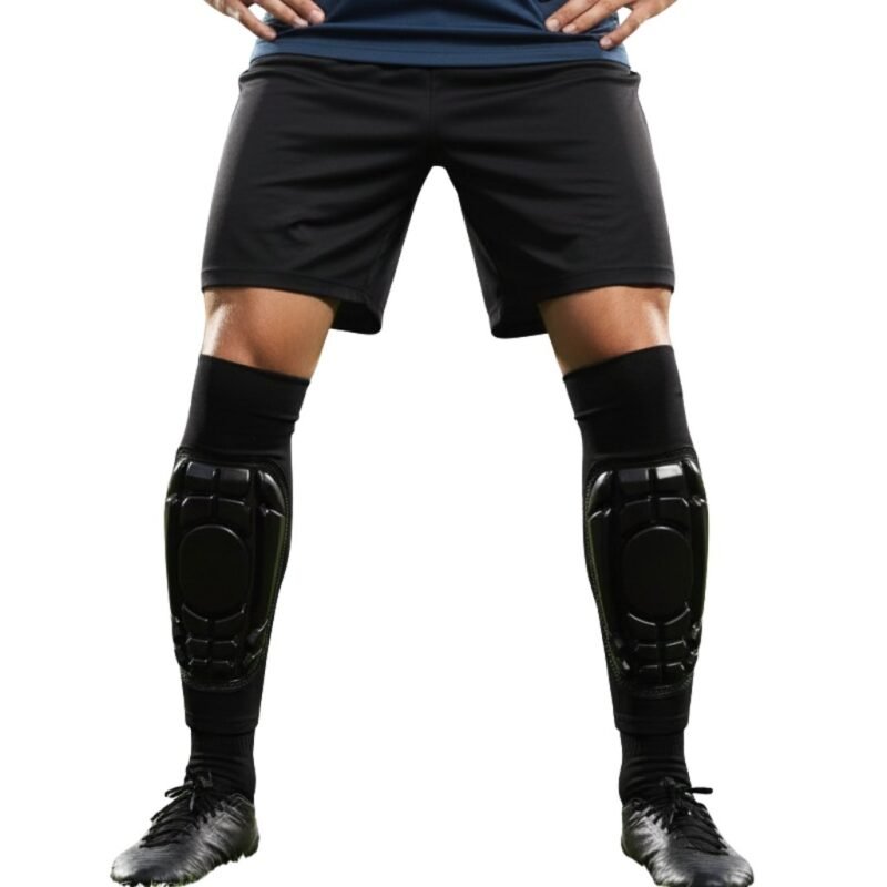 Model wearing custom soccer shinguard sleeves that feature a bold sublimated graphic design and snug, compression-style fit.