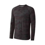 Front view of a soccer long sleeve performance shirt laid flat, featuring a crew neckline, fitted long sleeves, and a smooth athletic body with a bold chest logo icon.