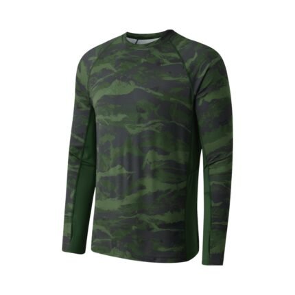 Front view of a soccer long sleeve performance shirt laid flat, featuring a crew neckline, fitted long sleeves, and a smooth athletic body with a bold chest logo icon.