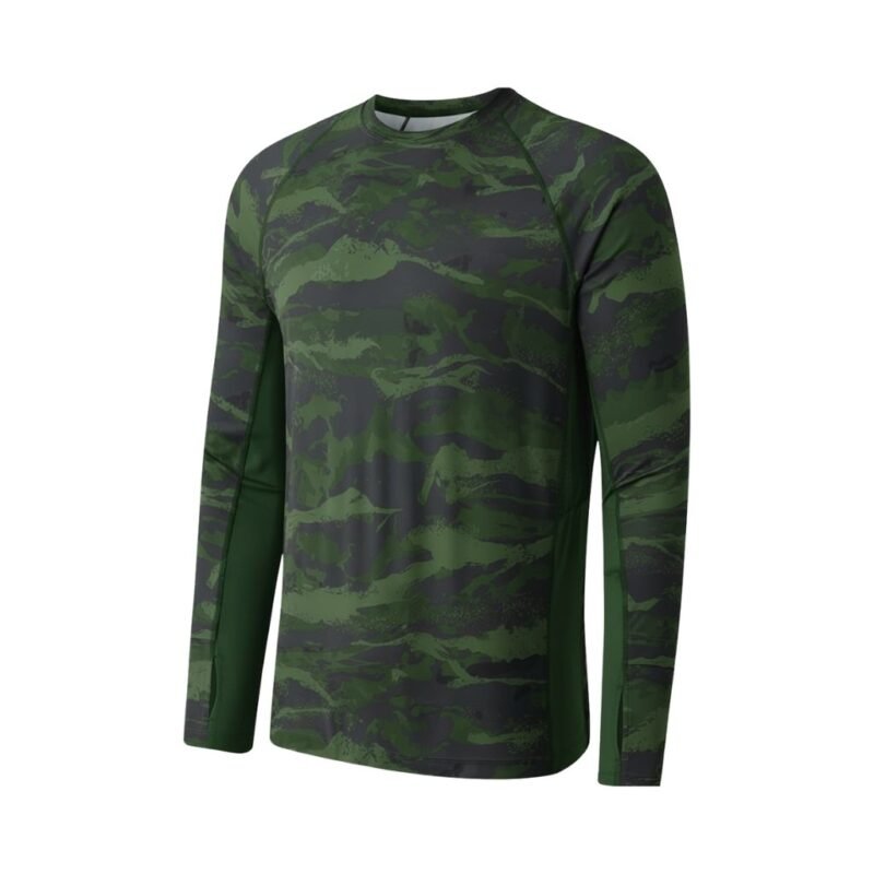 Front view of a soccer long sleeve performance shirt laid flat, featuring a crew neckline, fitted long sleeves, and a smooth athletic body with a bold chest logo icon.