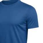 Close-up view of a soccer short sleeve performance shirt showing the smooth lightweight fabric, neat crew neckline, and crisp printed chest logo icon.