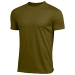 Front view of a soccer short sleeve performance shirt laid flat, featuring a crew neckline, raglan-style short sleeves, and a smooth athletic body with a bold chest logo icon.