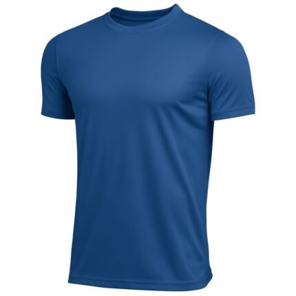 Front view of a soccer short sleeve performance shirt laid flat, featuring a crew neckline, raglan-style short sleeves, and a smooth athletic body with a bold chest logo icon.