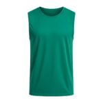 Front view of a soccer sleeveless vest shirt laid flat, featuring a crew neckline, wide arm openings, and a smooth compression-fit body with a bold chest logo icon.