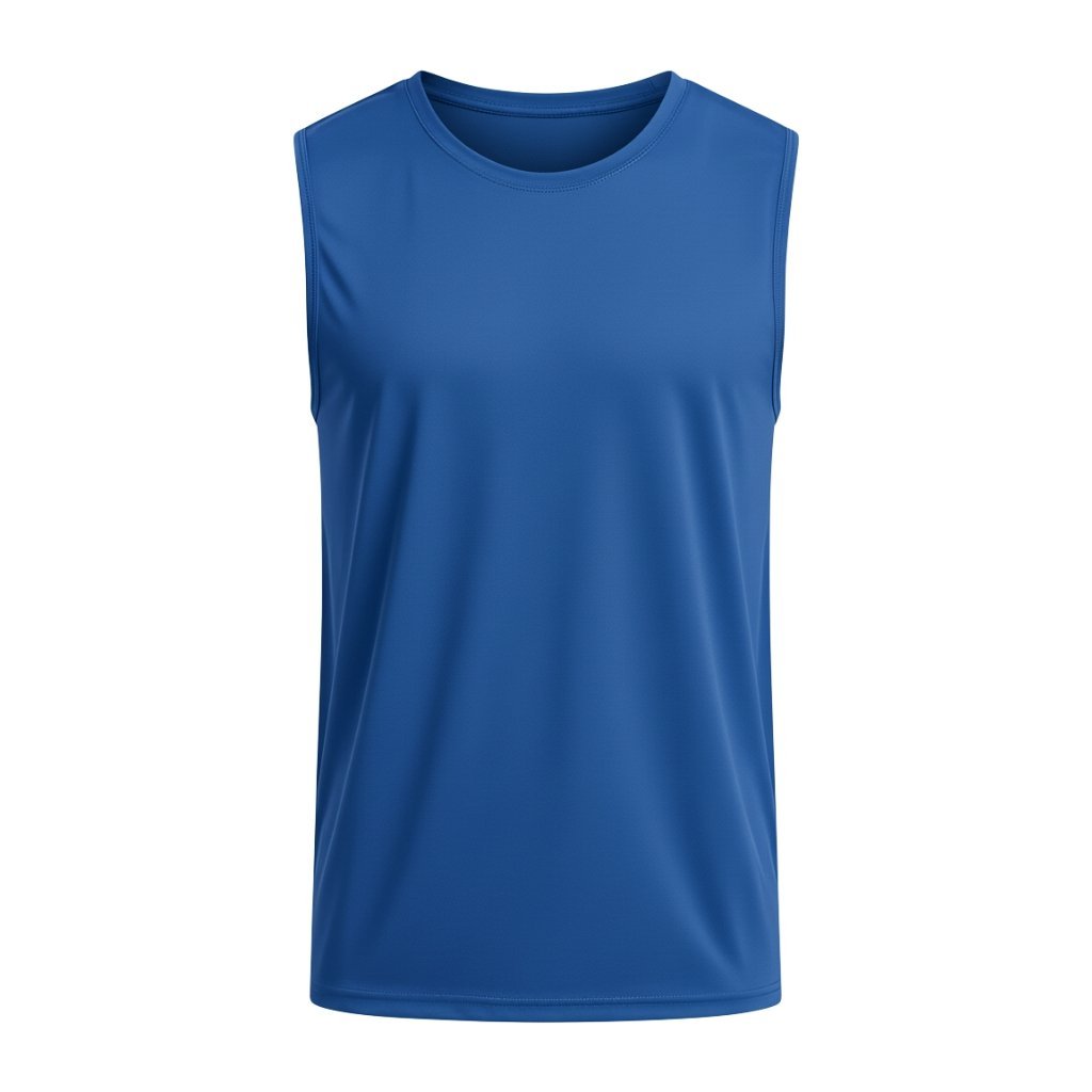 Soccer-sleeveless-vest-shirt-front-view.jpg Front view of a soccer sleeveless vest shirt laid flat, featuring a crew neckline, wide armholes, and a smooth compression-fit body with a bold chest logo icon.
