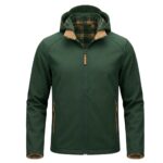 Custom forest green softshell jacket with plaid lining hood and tan zipper trim – custom outdoor apparel