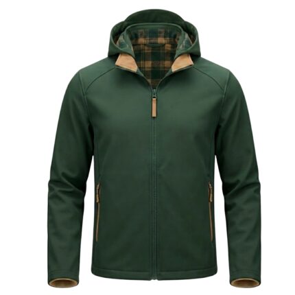 Custom forest green softshell jacket with plaid lining hood and tan zipper trim – custom outdoor apparel