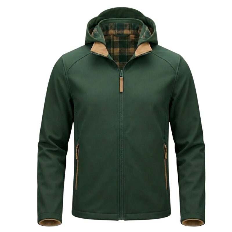 Custom forest green softshell jacket with plaid lining hood and tan zipper trim – custom outdoor apparel