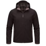 Custom black softshell jacket with plaid lining hood – custom outdoor apparel