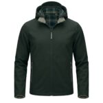 Custom dark warm gray softshell jacket with plaid lining hood – custom outdoor apparel