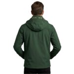 Male model wearing custom forest green softshell jacket with plaid hood lining back view – custom outdoor apparel