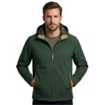 Male model wearing custom forest green softshell jacket with plaid hood lining front view – custom outdoor apparel